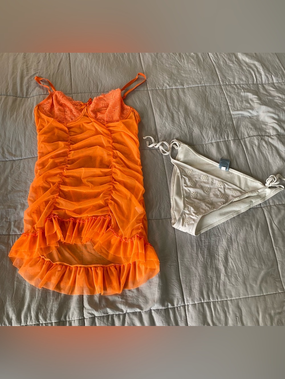 Shade & Shore Orange Sheer Ruffle Chemise with Cream Bikini Briefs